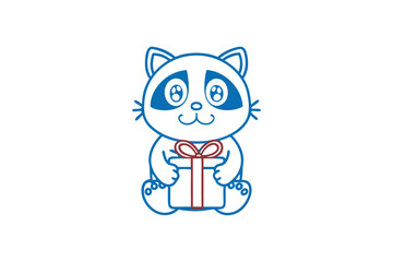 Obraz premium Cartoon outline shows a raccoon cheerfully holding a wrapped box against a pure white backdrop