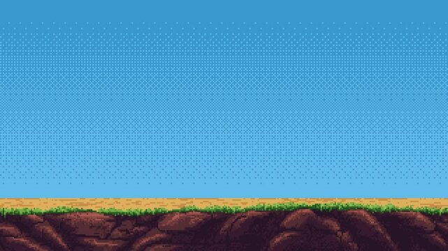 Seamless looping pixel art terrain with sky background for game level. Earth landscape animation.