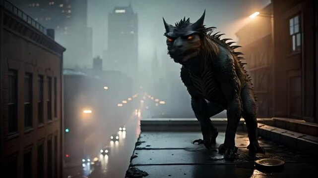 Chupacabra on city rooftop looking down over misty urban lights