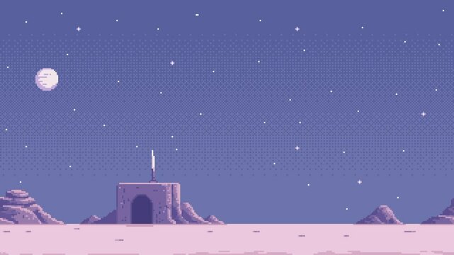 Pixel art game level background animation of a night sky with a slowly moving moon over an alien landscape.