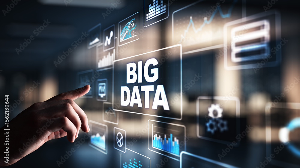 Sticker big data analytics platform, business intelligence and modern technology concept on vitual screen.