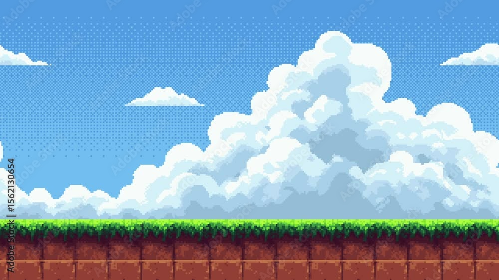 Poster pixel art game level background with moving clouds over green grass and brown earth platform, animat