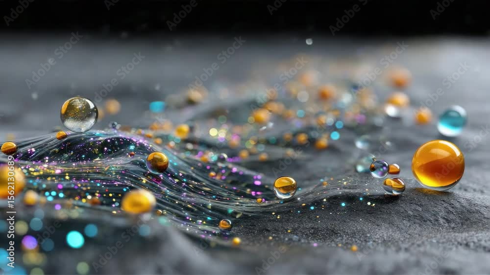 Poster sparkling close-up synthetic colorful water droplets splashes on a surface with bokeh effect