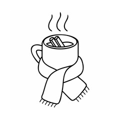 A mug with cinnamon sticks a scarf with steam rising up drink beverage