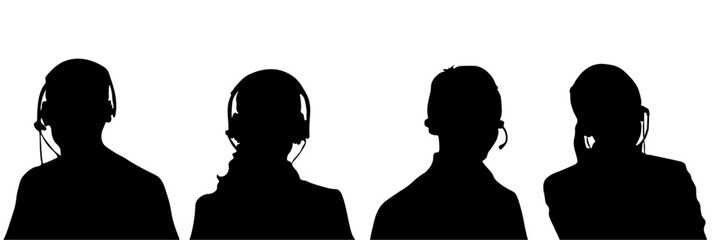 Silhouettes of people working in a call center. Profile of people with a headset