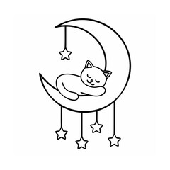 Line art a sleeping cat on a crescent moon with hanging stars night
