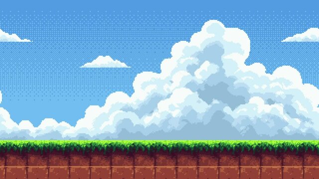 Pixel art game level background with moving clouds over green grass and brown earth platform, animation footage for video game.