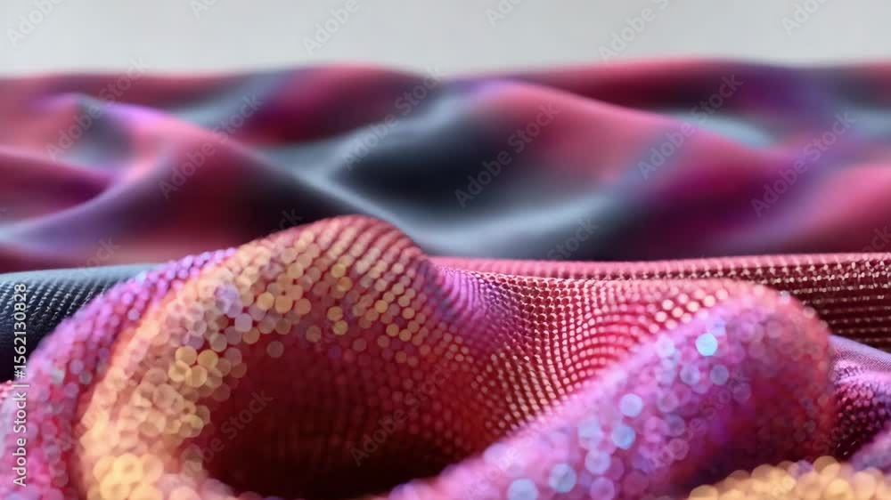 Poster sparkling close-up synthetic shimmering fabric with metallic threads in bold colors and texture
