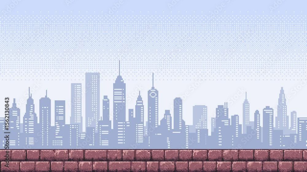 Poster pixel art game level background animation of a city skyline with buildings and brick wall shifting l