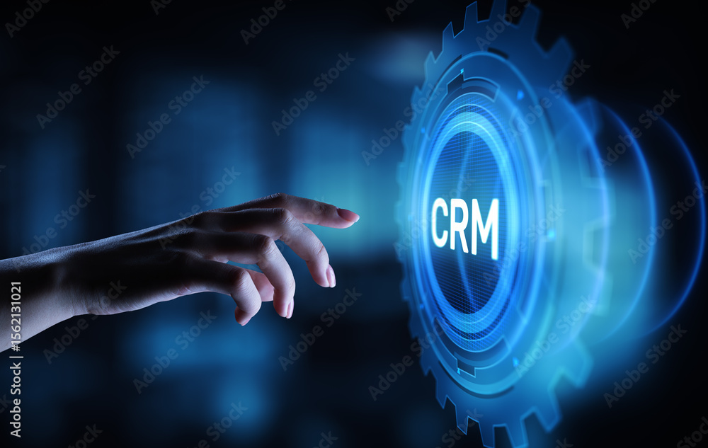 Poster crm - customer relationship management automation system software. business and technology concept.