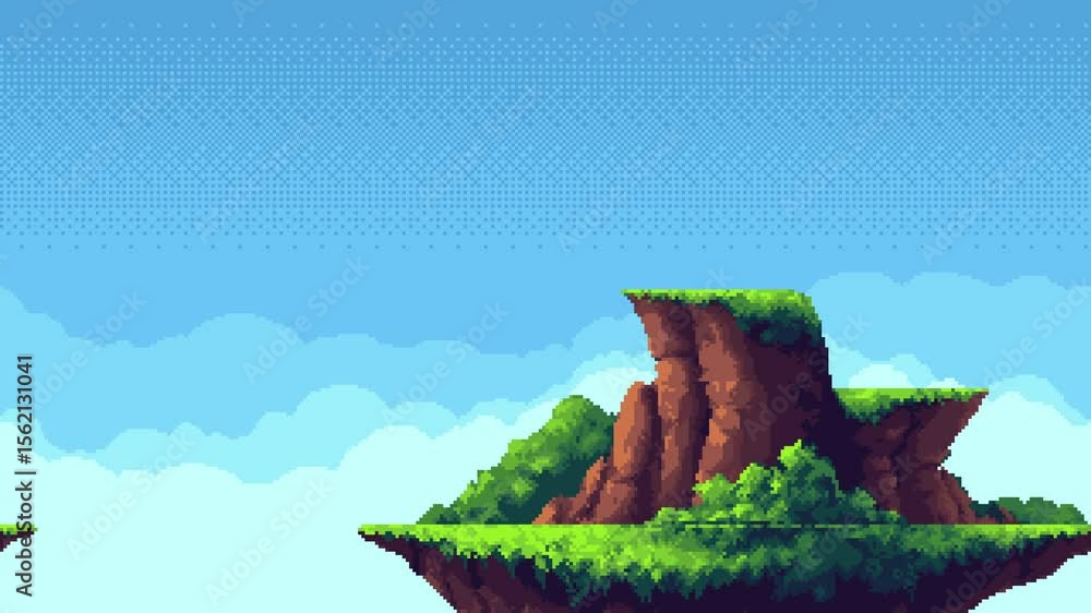 Aufkleber Pixel art game level background animation of floating island with brown rock and green foliage. Infinite loop footage.