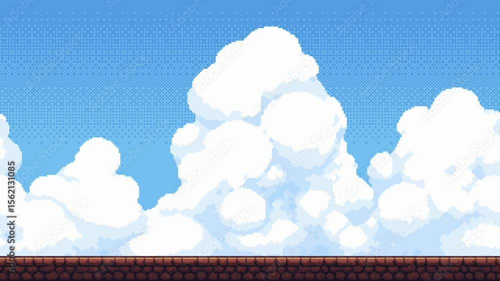Poster pixel art game level background animation featuring a blue sky, white clouds, and a brown platform, 