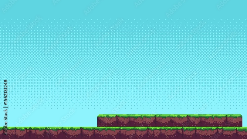 Aufkleber Scrollable pixel art video game background with floating ground platforms and clear blue sky animation.