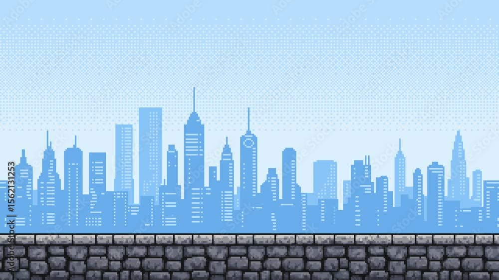 Poster pixelated city skyline animation with stone platform, game level background asset for video games.