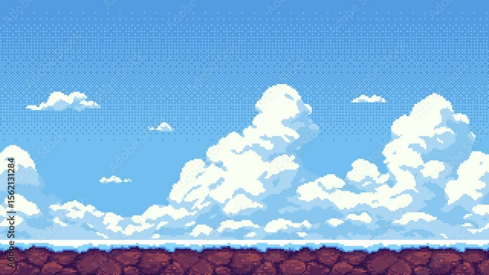 Poster moving pixel art game background with light blue sky, white clouds, and a rocky foreground animation