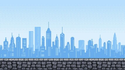 Pixelated city skyline animation with stone platform, game level background asset for video games. - Powered by Adobe