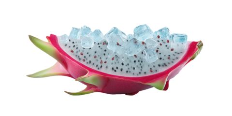 Fresh dragonfruit with ice cubes for a refreshing, tropical vibe in a close-up, high-quality shot.
