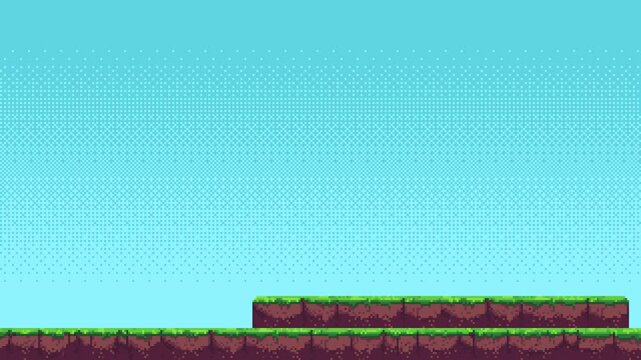 Scrollable pixel art video game background with floating ground platforms and clear blue sky animation.