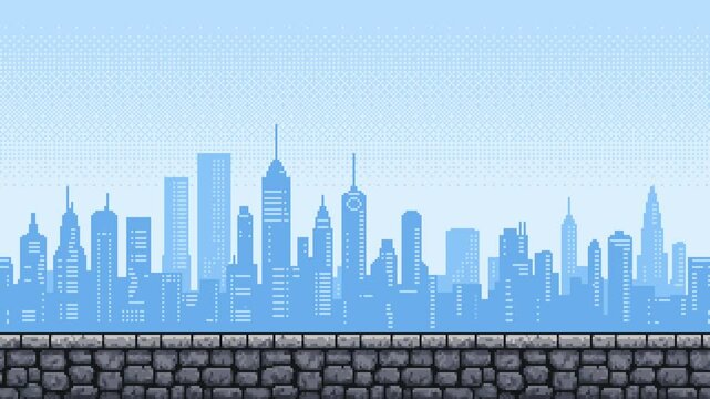 Pixelated city skyline animation with stone platform, game level background asset for video games.