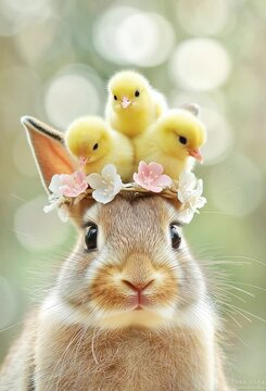 S&uuml;&szlig;er Osterhase mit K&uuml;ken und Blumenkranz