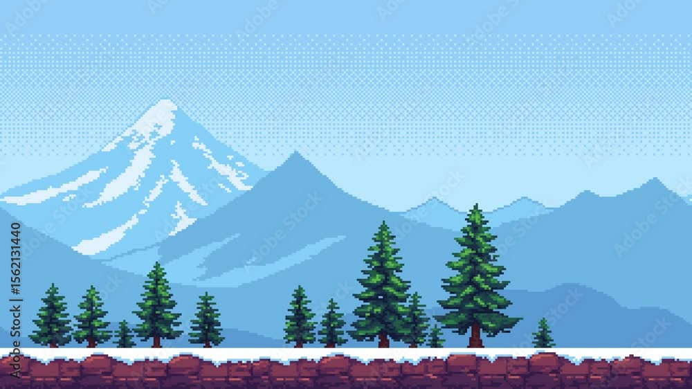 Aufkleber Pixel art game level background animation with mountains and winter forest scene looping through parallax scrolling.