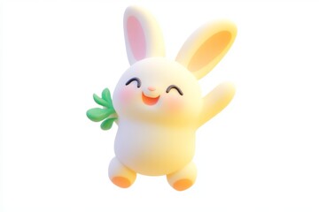 Obraz premium 3D cartoon fluffy white rabbit jumping on carrot trampoline in orange on white background, ultra high definition isometric playful nature concept.