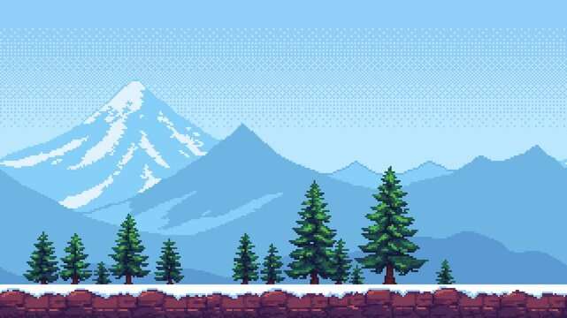 Pixel art game level background animation with mountains and winter forest scene looping through parallax scrolling.