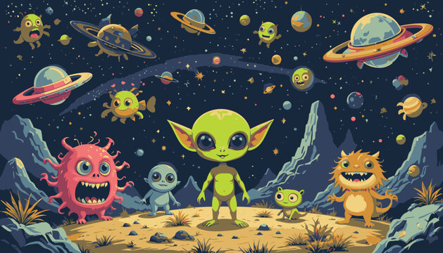 A cute green alien stands proudly on an alien planet, surrounded by friendly monsters, other aliens, and planets in a vibrant, cartoonish space scene.