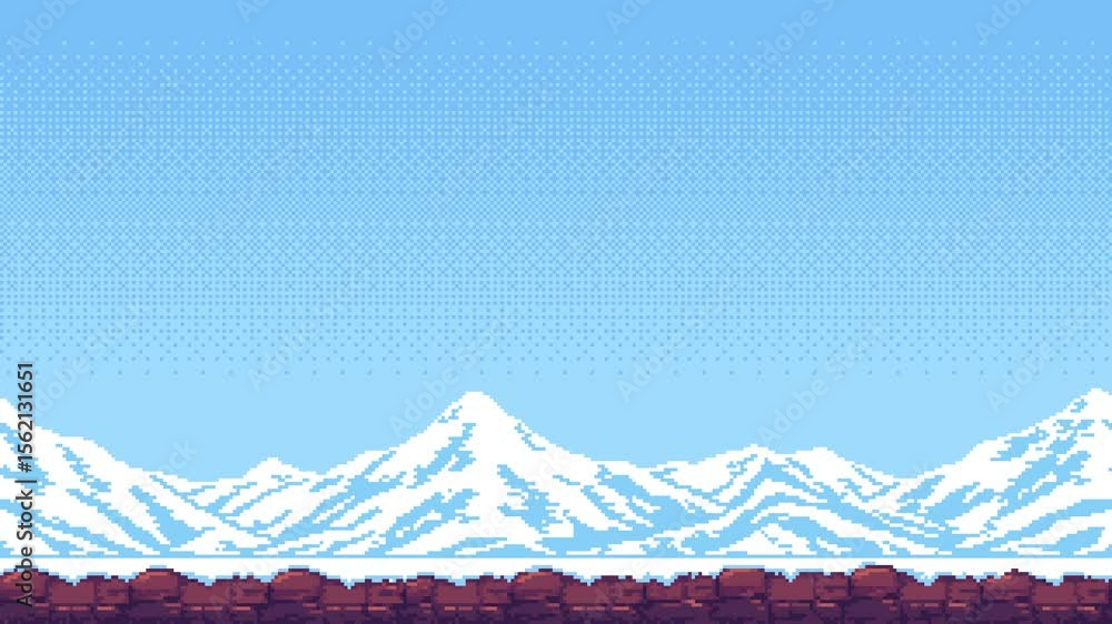 Aufkleber blue sky with snowy mountain ranges and rocky foreground elements for pixel art game level backgroun