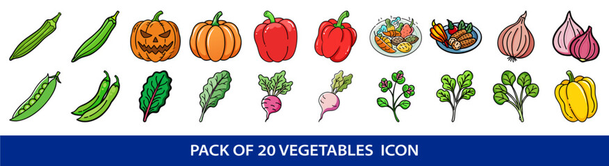 Variety of colorful vegetable icons including okra, peppers, pumpkin and leafy greens