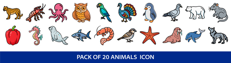 Collection of twenty different animal species and an edible red pepper