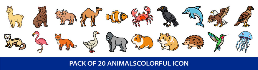 A colorful collection of twenty different animal icons in cartoon style