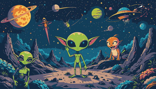 Friendly green alien with big eyes greets visitors on an alien planet, surrounded by other creatures, UFOs, and planets in a vibrant, cartoonish illustration.