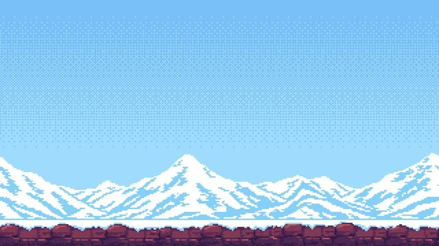 Blue sky with snowy mountain ranges and rocky foreground elements for pixel art game level background animation footage.