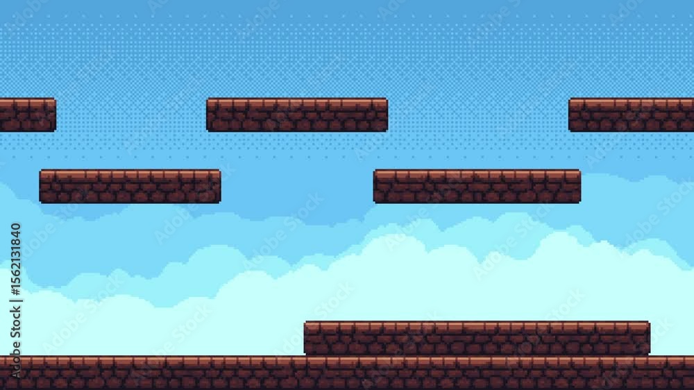 Aufkleber Flying pixel art game level background animation with moving brown platforms over a blue sky and white clouds sequence.