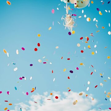 Farbenfrohe Ballons und Konfetti am Himmel
