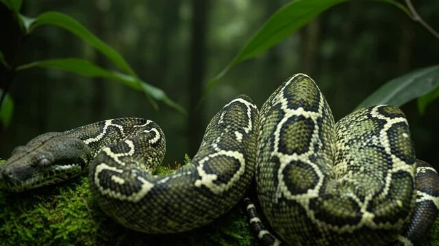 Serene Python Coiled on Mossy Log in Lush Tropical Environment