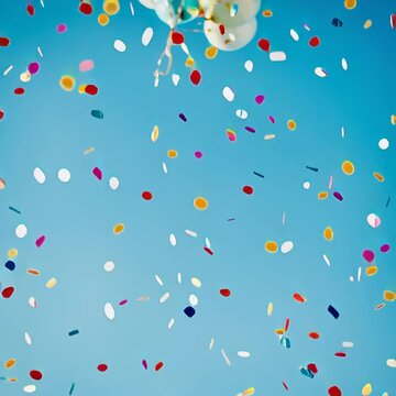 Farbenfrohe Ballons und Konfetti am Himmel