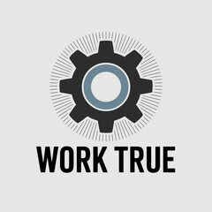 Work True Logo with Gear Icon logo featuring stylized gear graphic surrounded radiating lines the words WORK TRUE below it logo gear icon work true
