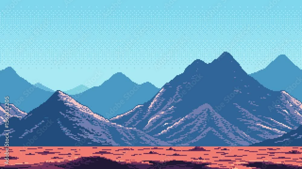 Poster Pixel art game level background animation of an alien mountain landscape with an evolving terrain.