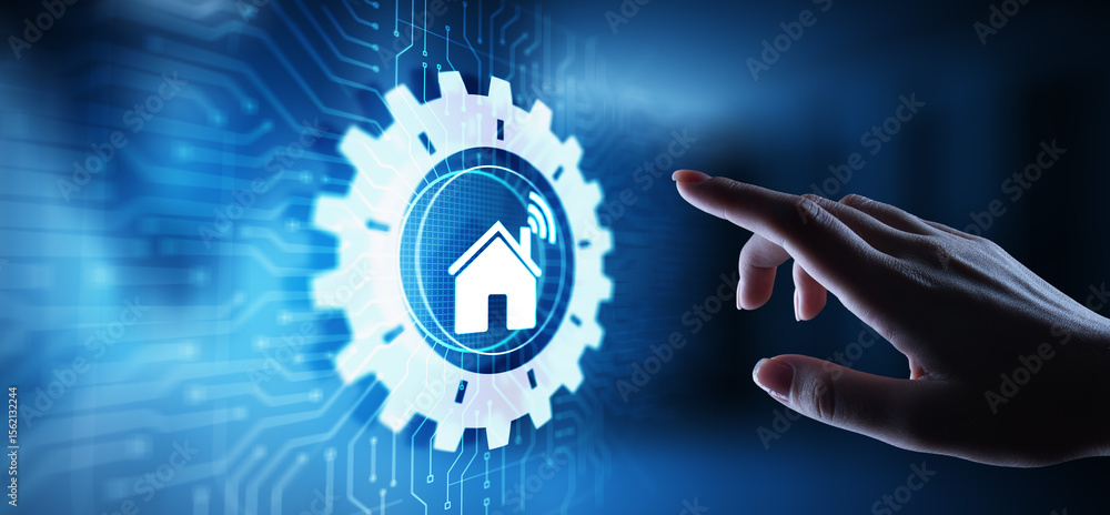 Poster smart home control panel on virtual screen. iot and automation technology concept.