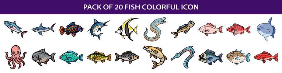 Colorful Cartoon Fish Icons Set with Diverse Aquatic Species and Octopus