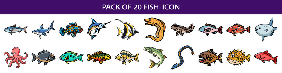 Fototapeta premium Cartoon Collection of 20 Diverse Fish Species and an Octopus Vector Illustration
