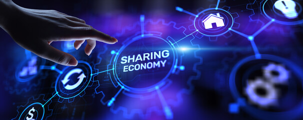Sharing economy, innovation and future business technology concept on virtual screen.