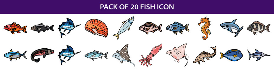 Fototapeta premium Diverse Cartoon Collection of Twenty Aquatic Animals, Including Fish and Marine Life