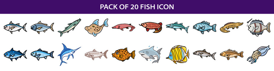 Collection of Twenty Cartoon Fish Icon Designs for Creative Seafood Illustration