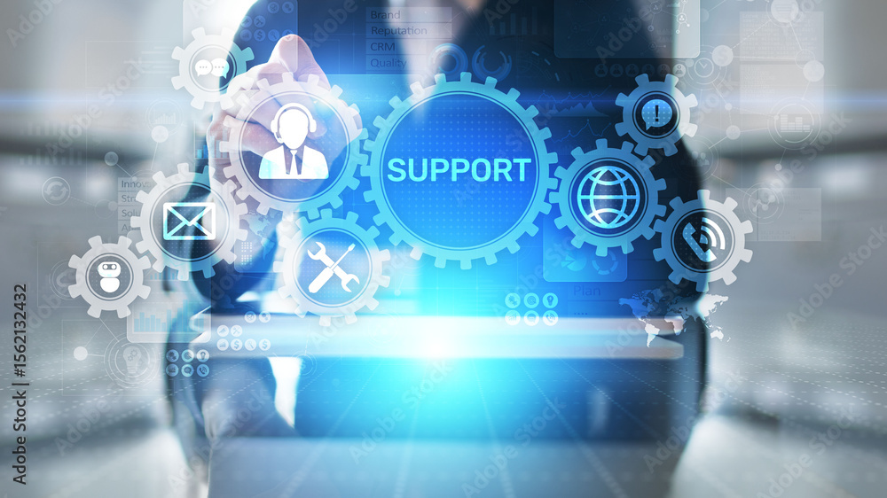 Poster Support button on virtual screen. Customer service and communication concept.
