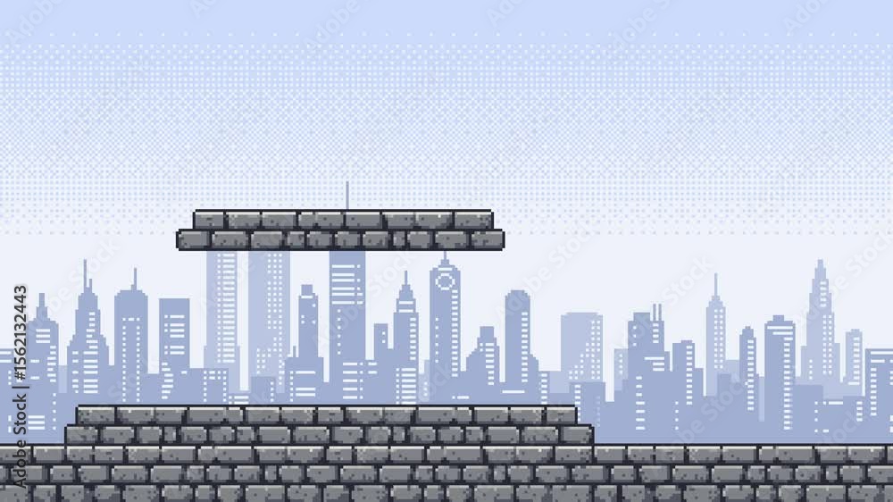 Aufkleber Pixel art game level scrolling background with cityscape and brick platforms for platformer animation footage.