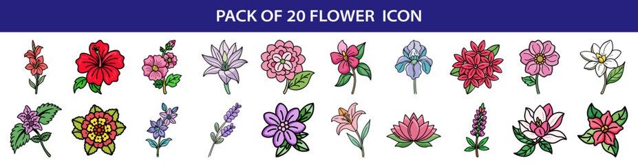 A beautiful and diverse collection of twenty uniquely illustrated flower icons