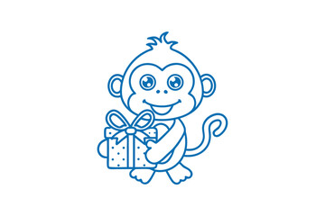 Cheerful monkey outline presents a blue gift box wrapped with bow knot and dots